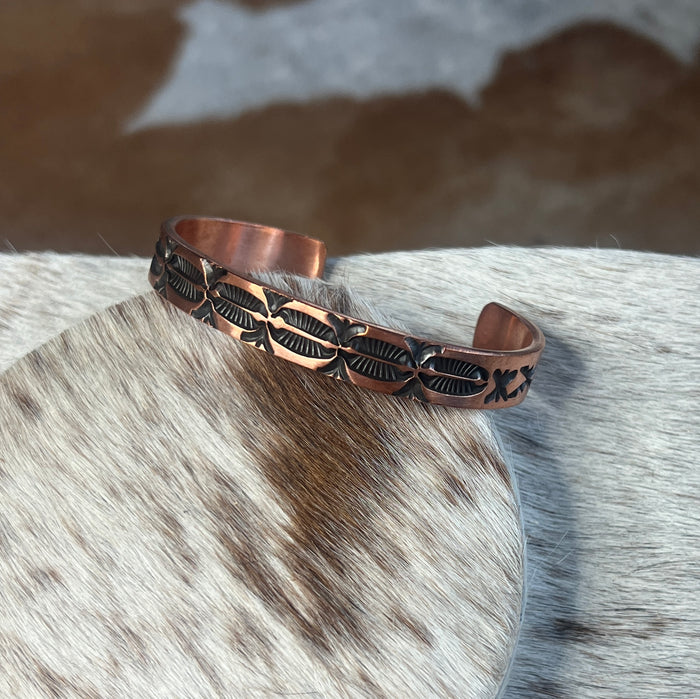 Stamped Copper Oxidized Cuff by Jerrold Tahe