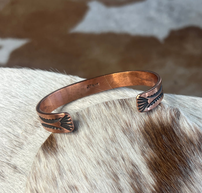 Stamped Copper Oxidized Cuff by Jerrold Tahe