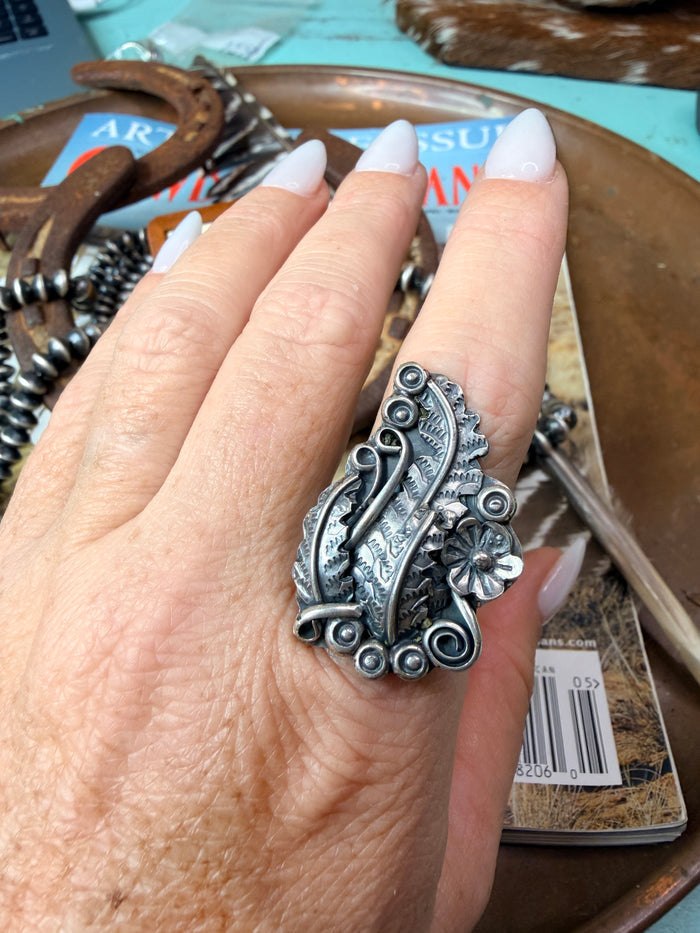 Sterling Silver Desert Flowers and Foliage Navajo Ring by Harry Yazzie