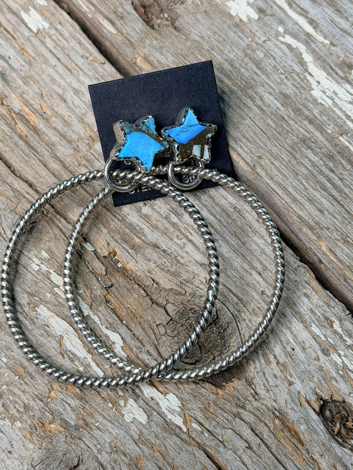 Sterling Silver Ice Blue Dahlia Turquoise Dangle Hoop Stud Earrings signed by Hada