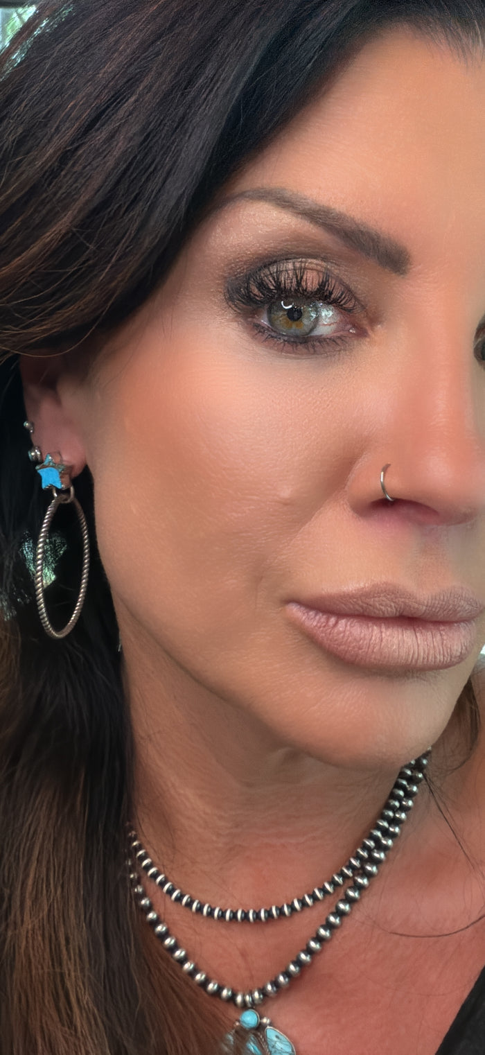 Sterling Silver Ice Blue Dahlia Turquoise Dangle Hoop Stud Earrings signed by Hada