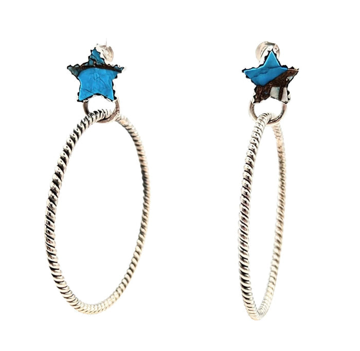 Sterling Silver Ice Blue Dahlia Turquoise Dangle Hoop Stud Earrings signed by Hada