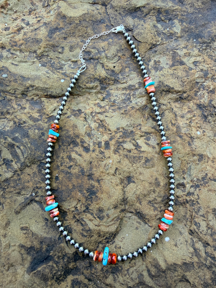 Sterling Silver Pearl Necklace with Orange Spiny Oyster & Sleeping Beauty Turquoise Chips