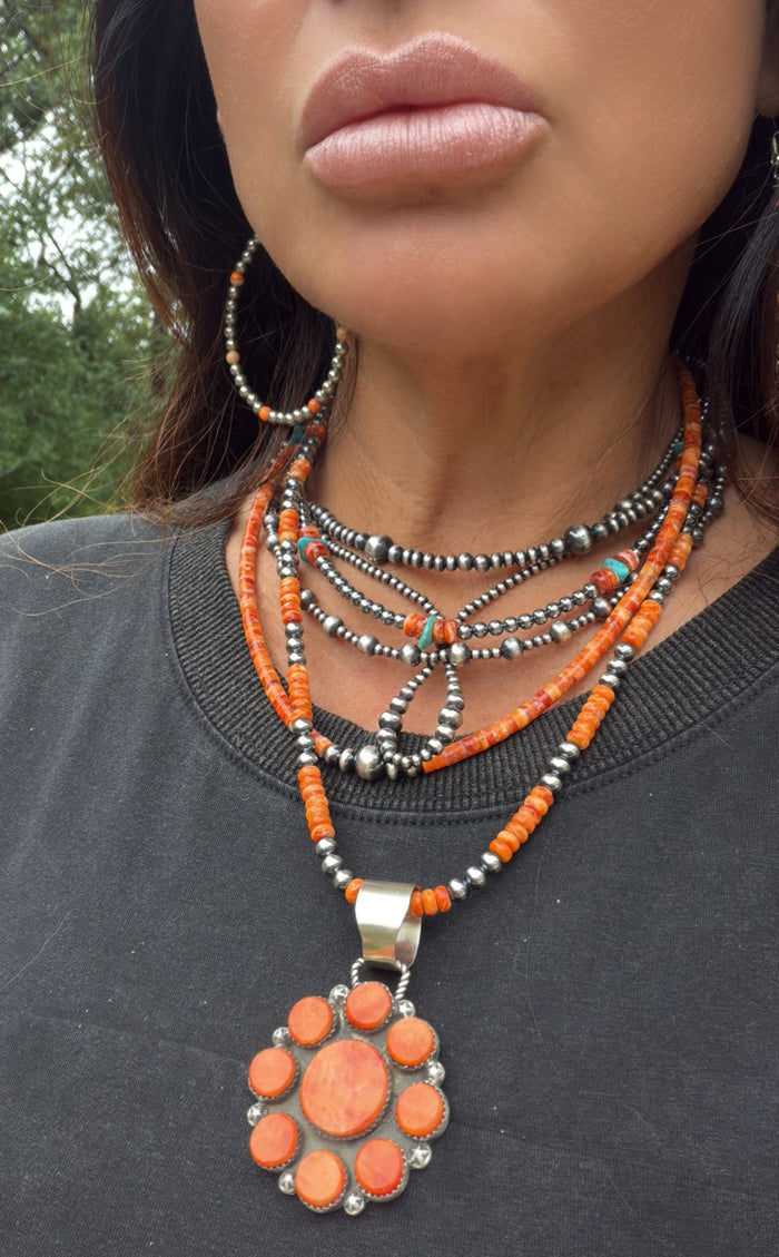 Sterling Silver Pearl Necklace with Orange Spiny Oyster & Sleeping Beauty Turquoise Chips