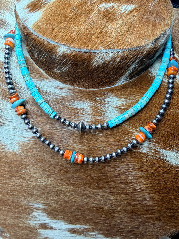 Sterling Silver Pearl Necklace with Orange Spiny Oyster & Sleeping Beauty Turquoise Chips