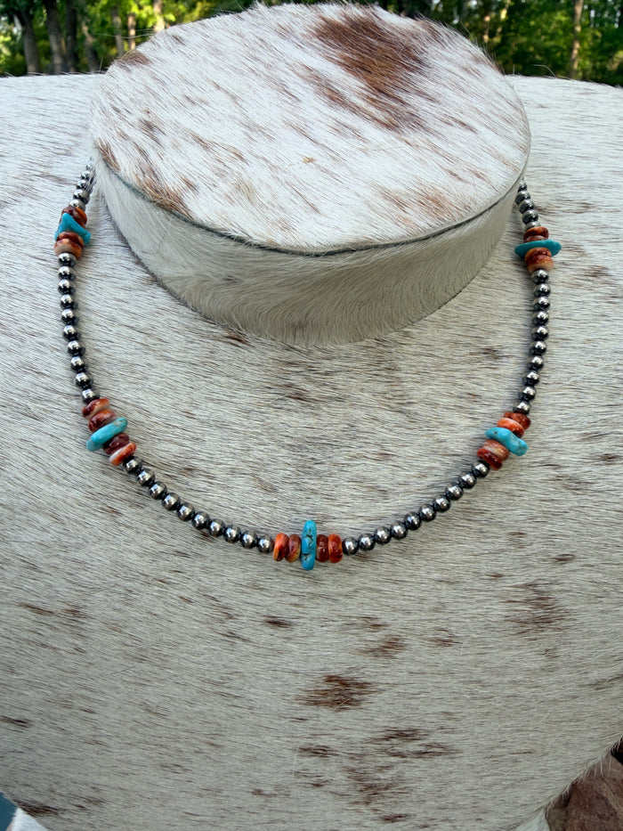 Sterling Silver Pearl Necklace with Orange Spiny Oyster & Sleeping Beauty Turquoise Chips