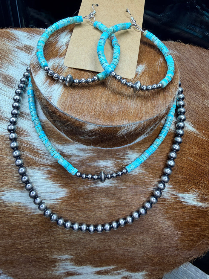 Sterling Silver Pearls and Variscite Turquoise Necklace