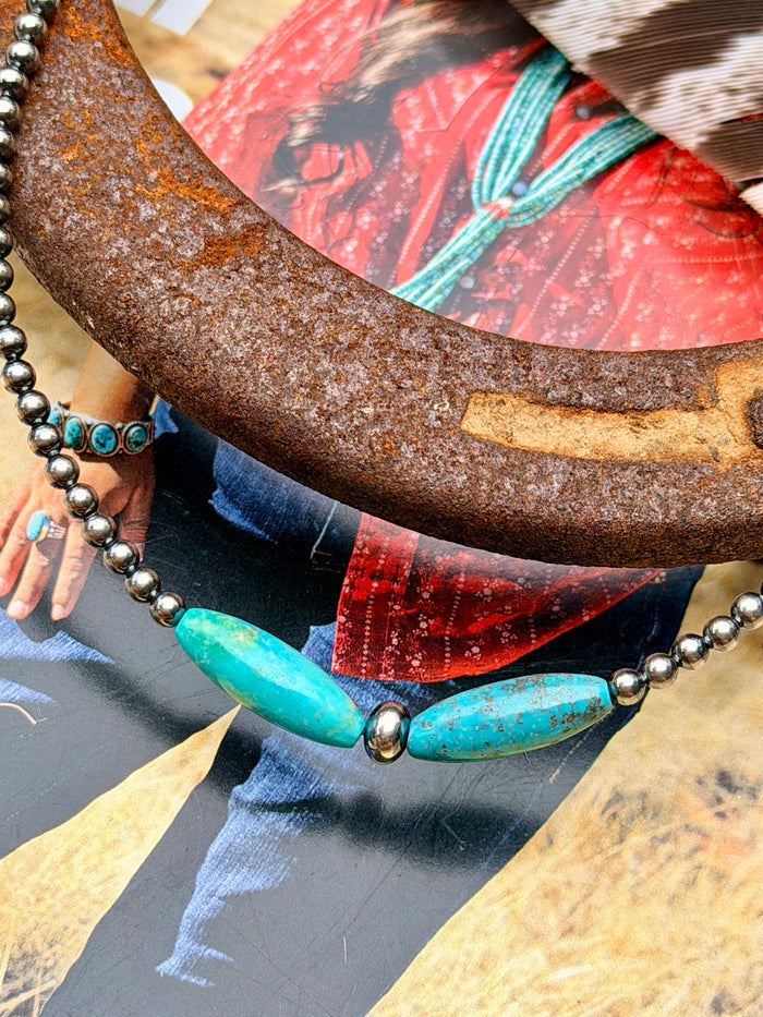 Sterling Silver Pearls & Blue Turquoise Torpedo Necklace