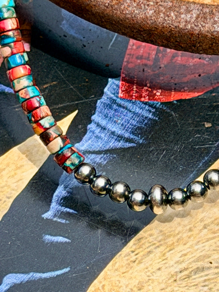 Sterling Silver Pearls choker and Pink and blue sea sediment Heishi
