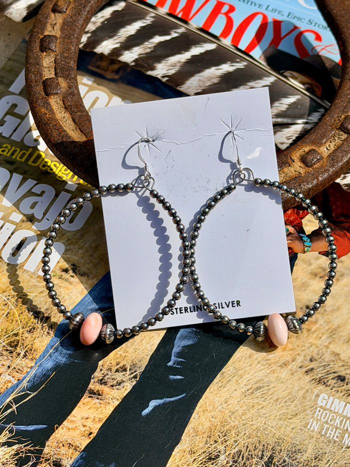 Sterling Silver Pearls Hoops with Pink Conch
