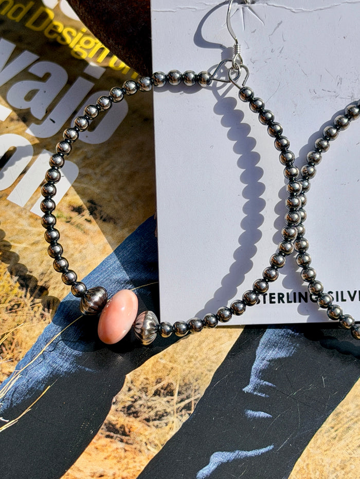 Sterling Silver Pearls Hoops with Pink Conch