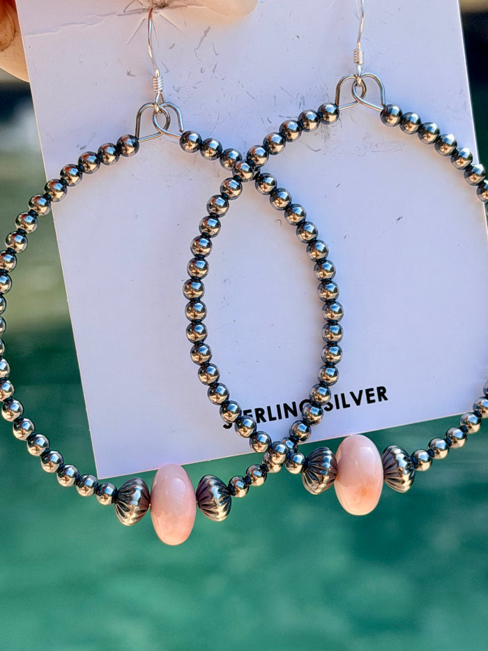 Sterling Silver Pearls Hoops with Pink Conch