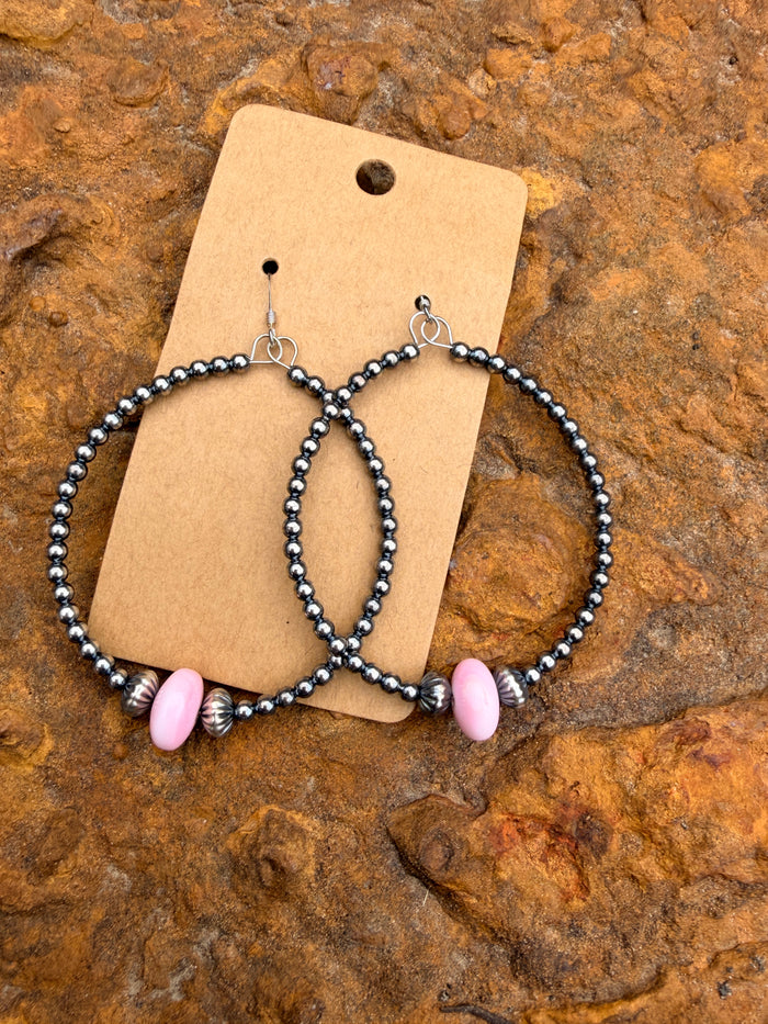 Sterling Silver Pearls Hoops with Pink Conch