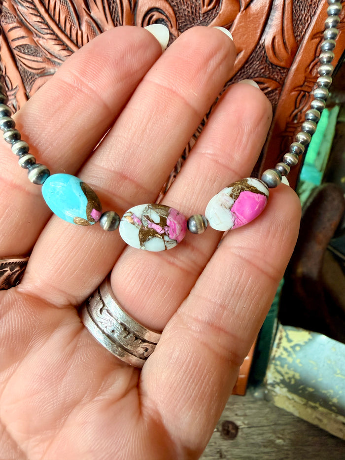 Sterling Silver Pearls with Cotton Candy Stones Necklace