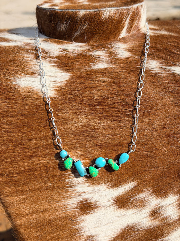 Striking Native Made Green and Bright Blue Turquoise Sterling Silver Necklace by David Lopez