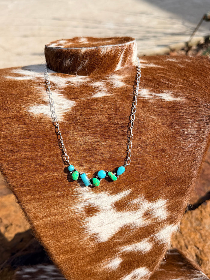Striking Native Made Green and Bright Blue Turquoise Sterling Silver Necklace by David Lopez