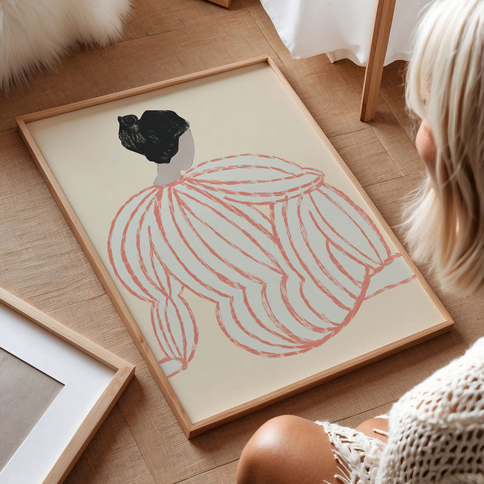 Framed artwork of a woman in a dress on a wooden floor with a person sitting nearby.