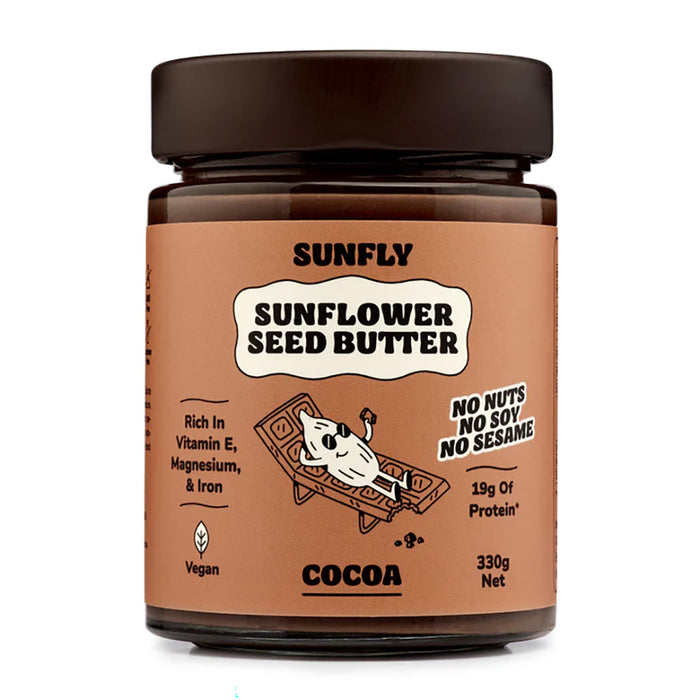 A jar of Sunfly Sunflower Seed Butter in Cocoa flavour, set against a plain white background.