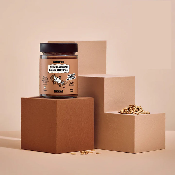 A jar of Sunfly Sunflower Seed Butter in Cocoa flavour