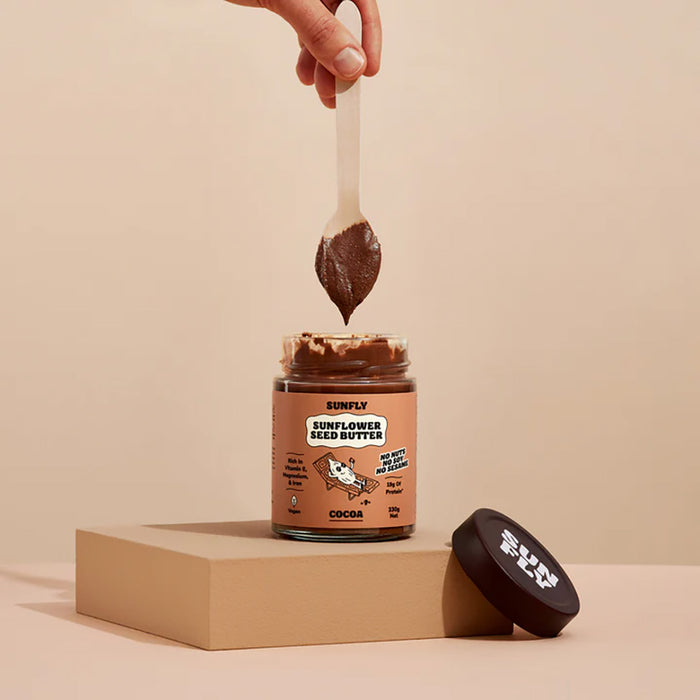 A jar of Sunfly Sunflower Seed Butter in Cocoa flavour