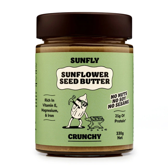 Jar of crunchy Sunfly sunflower seed butter with a green label on a white background