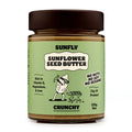 Jar of crunchy Sunfly sunflower seed butter with a green label on a white background