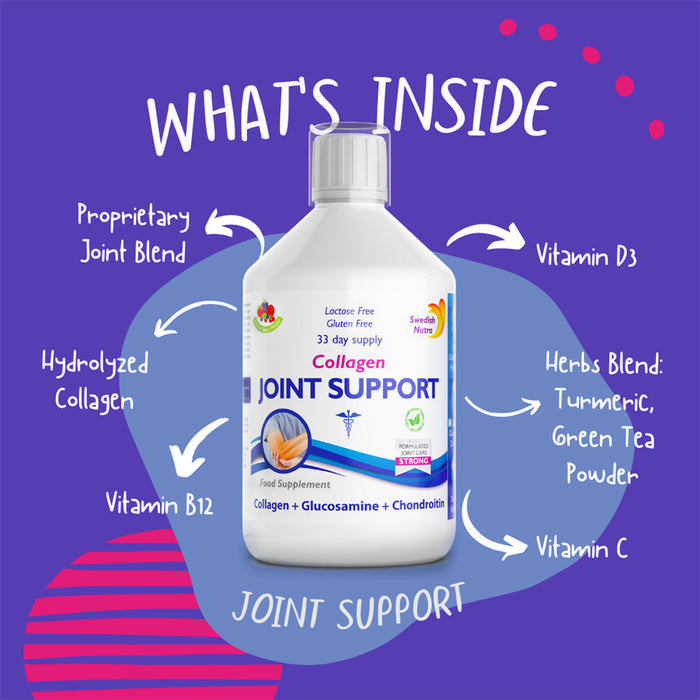 Swedish Nutra Collagen Joint Support bottle with ingredients information.