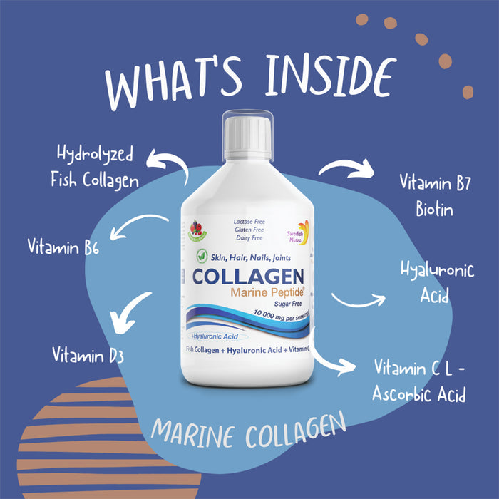 Swedish Nutra Collagen Marine Peptide bottle with ingredients information.