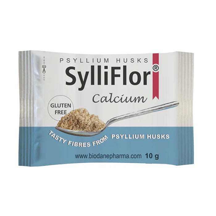 A packet of SylliFlor Calcium Psyllium Husks by Biodanepharma, featuring a white and light blue design with a spoonful of psyllium powder on the front.