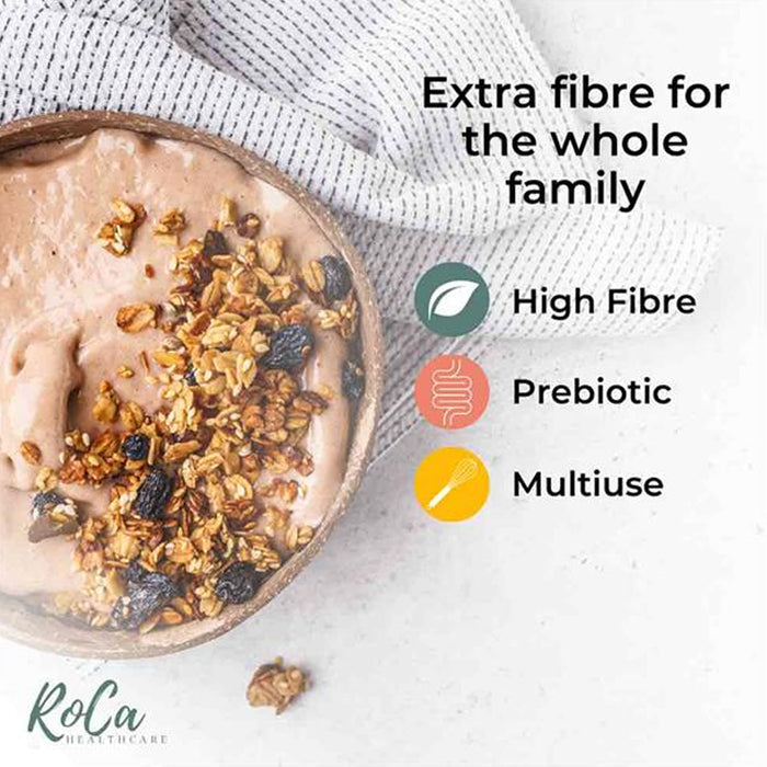 A bowl of protein powder smoothie topped with granola and dried fruit, with text and icons highlighting product benefits: 'Extra fibre for the whole family', 'High Fibre', 'Prebiotic', and 'Multiuse'.