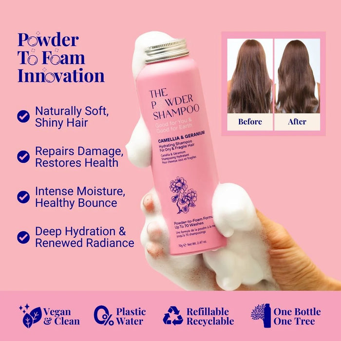 Pink shampoo bottle with a powder to foam innovation feature, held by a hand against a pink background.