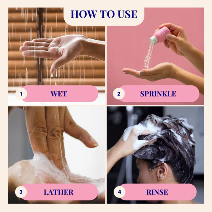 Step-by-step guide on how to use a hair care product with labeled actions.