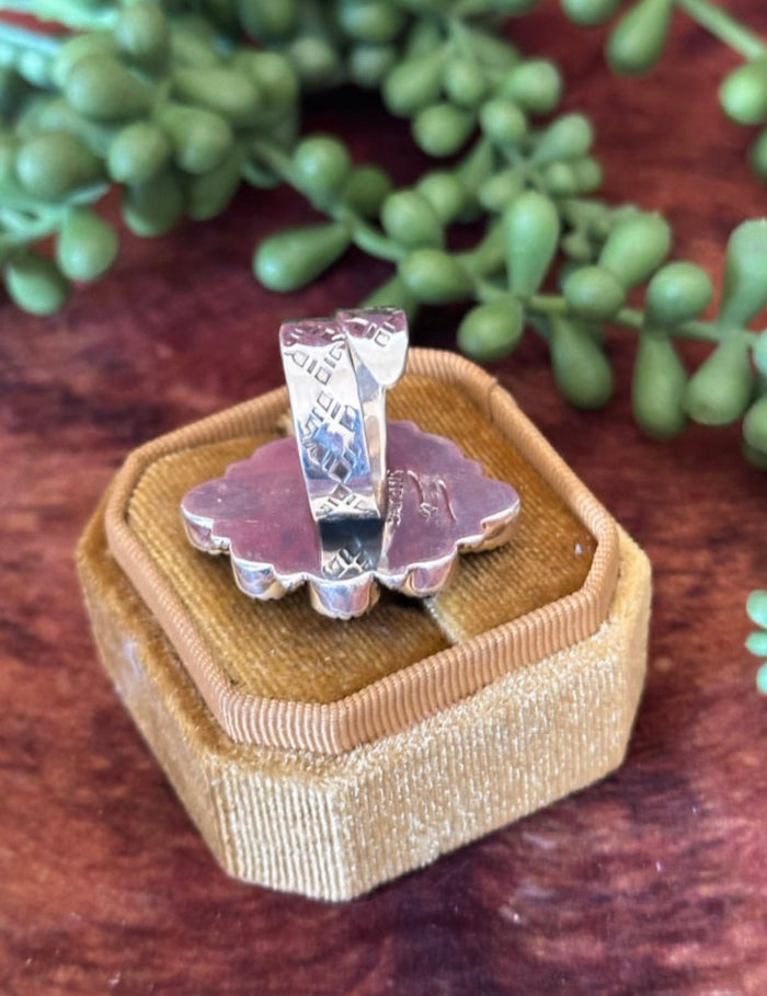 Tony Yazzie 8 Onyx Stones Surrounded by Orange Spiny Oyster with Sterling Silver detailed band. Adjustable Ring