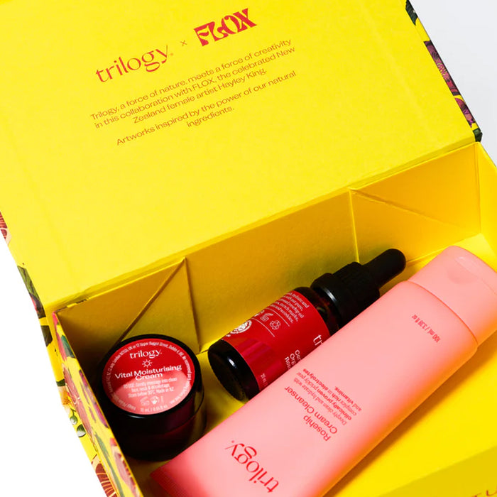 Trilogy skincare products in a yellow box with F&F branding.