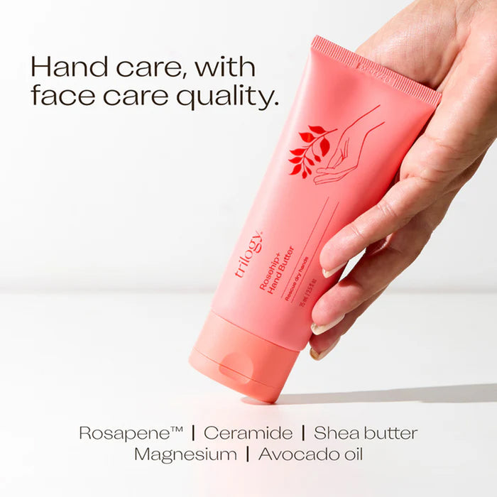 Hand holding a pink hand cream with text about hand care and face care quality.