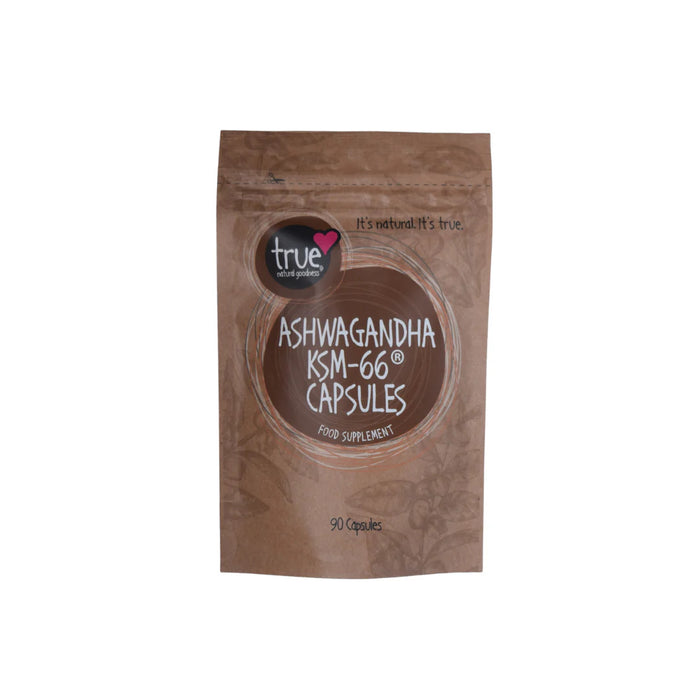 A brown stand-up pouch package of True Ashwagandha KSM-66 Food Supplement, containing 90 capsules.