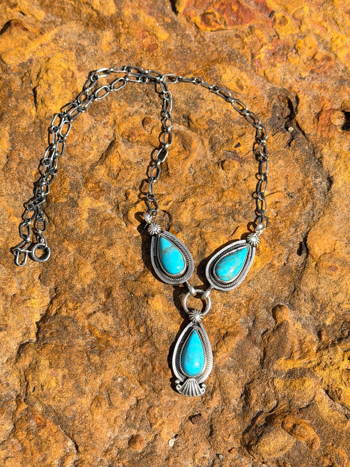 Turquoise and Sterling Silver Lariat Necklace by Running Bear