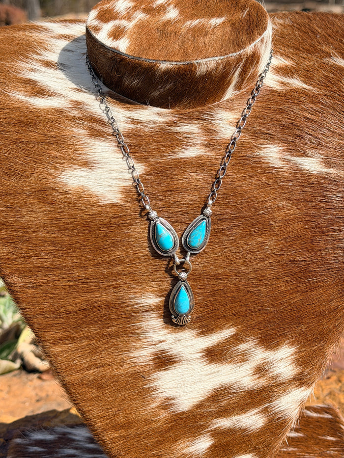Turquoise and Sterling Silver Lariat Necklace by Running Bear