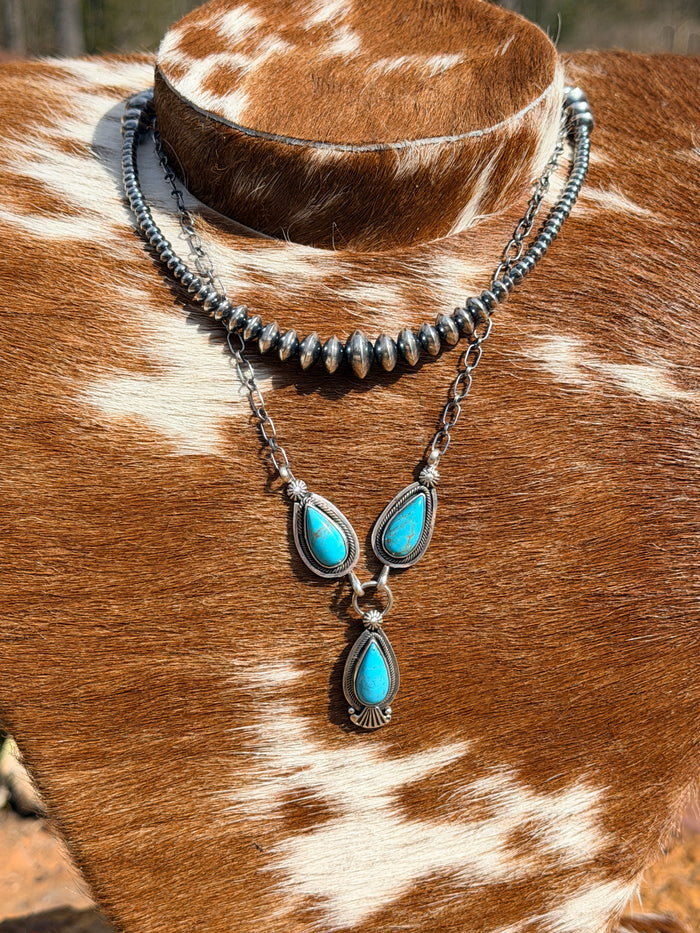 Turquoise and Sterling Silver Lariat Necklace by Running Bear