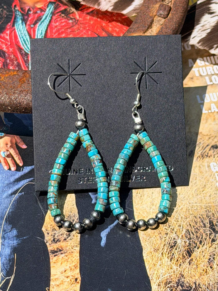 Turquoise Heishi and 4mm Desert Pearl Loop Earrings