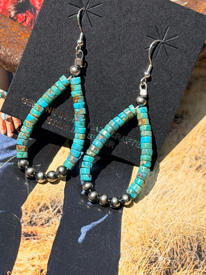 Turquoise Heishi and 4mm Desert Pearl Loop Earrings