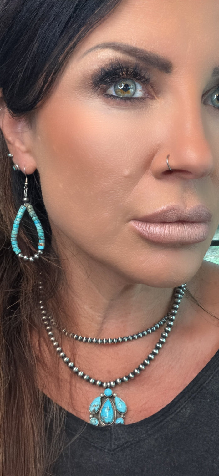 Turquoise Heishi and 4mm Desert Pearl Loop Earrings