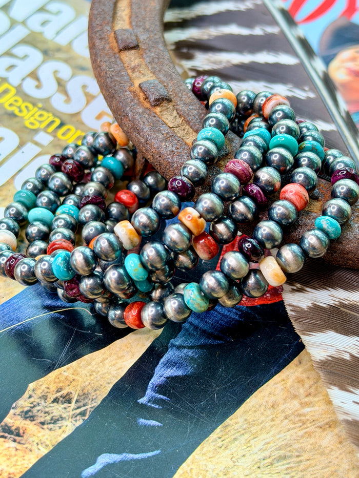 Turquoise, Spiny Oyster, 6mm Sterling Silver Stretch Bracelet