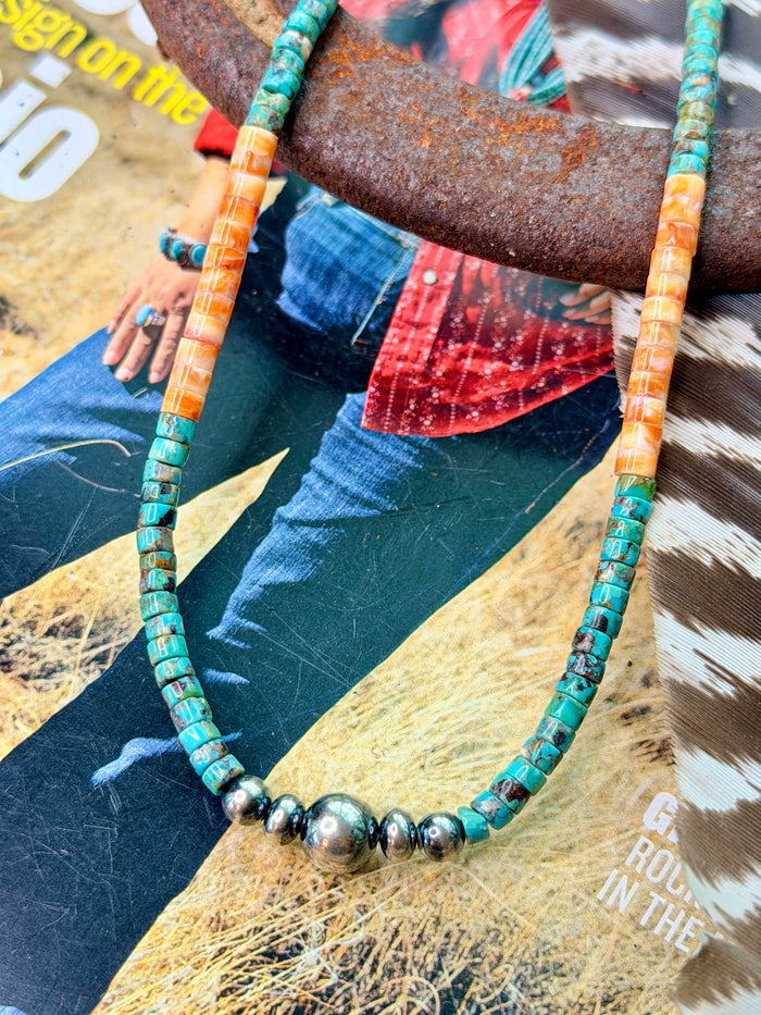 Turquoise & Spiny Oyster Desert Pearl Bead Necklace Sterling Silver