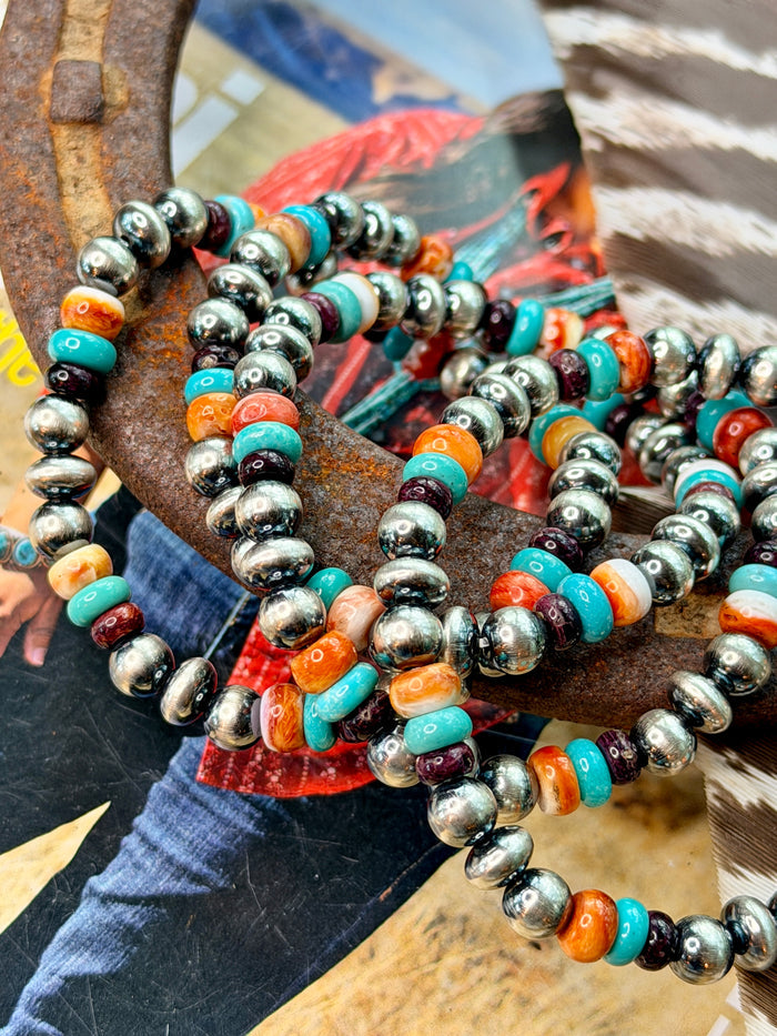 Turquoise & Spiny Oyster Desert Pearls Oxidized Bead Stretch Bracelet Sterling Silver