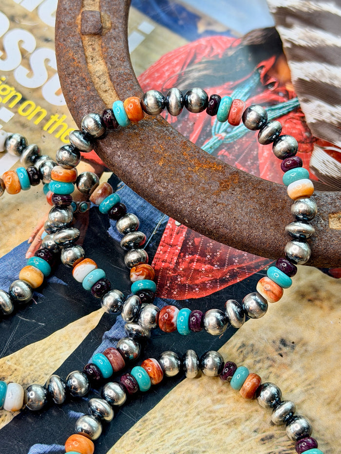 Turquoise & Spiny Oyster Desert Pearls Oxidized Bead Stretch Bracelet Sterling Silver