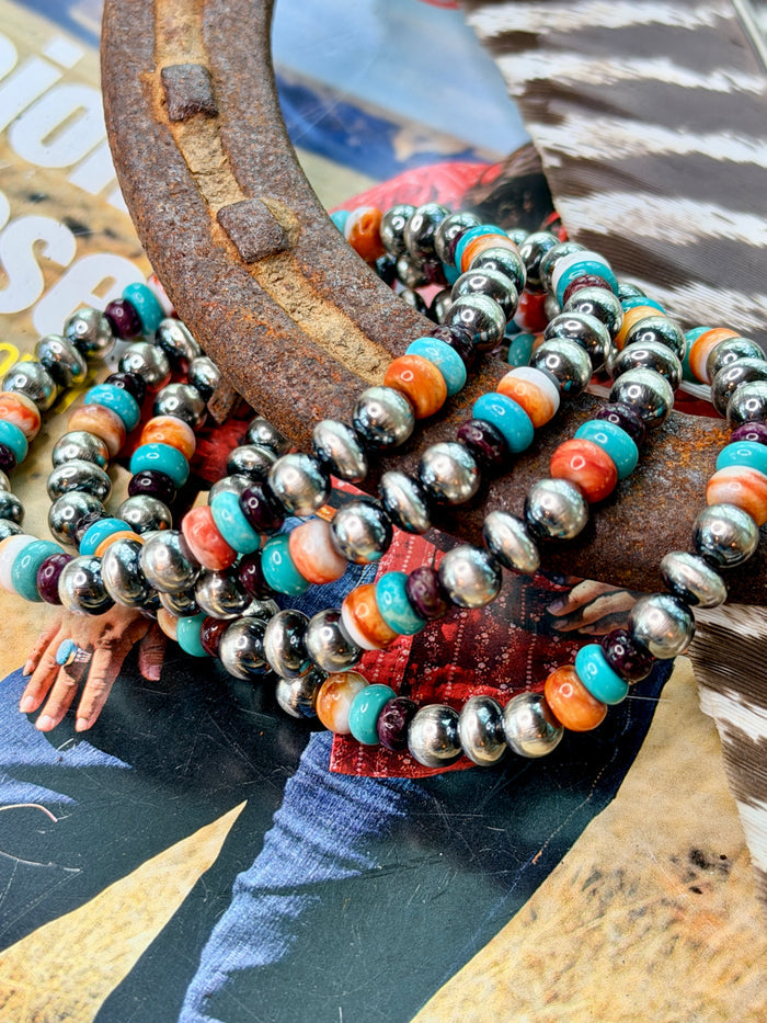 Turquoise & Spiny Oyster Desert Pearls Oxidized Bead Stretch Bracelet Sterling Silver
