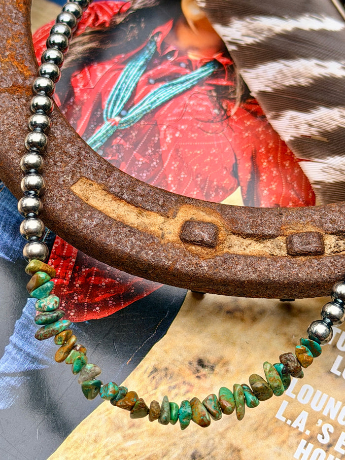 Turquoise Stone Chip Necklace with Sterling Silver Pearls