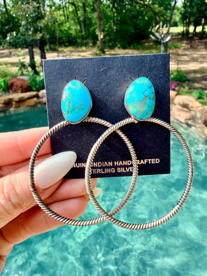 Twisted Rope Hoop Earrings with Turquoise Stone by Navajo Artist Verley Betone