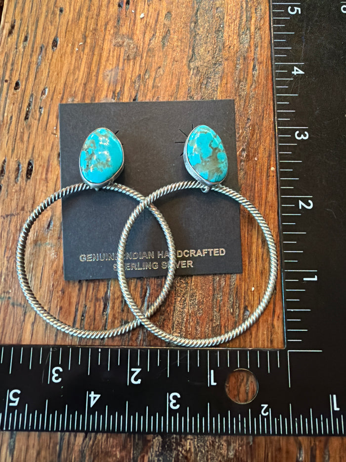 Twisted Rope Hoop Earrings with Turquoise Stone by Navajo Artist Verley Betone